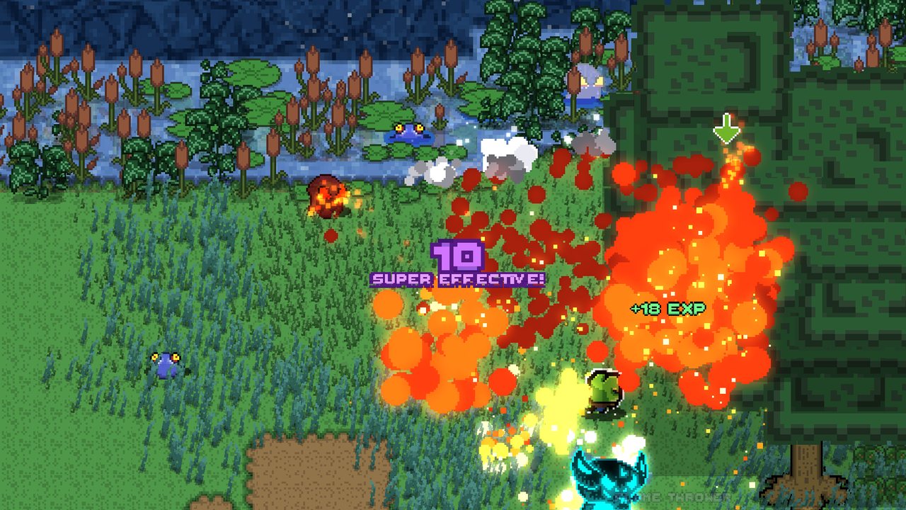 Gameplay: the frog hero and a glowing undead wraith burn through a horde beside a pond