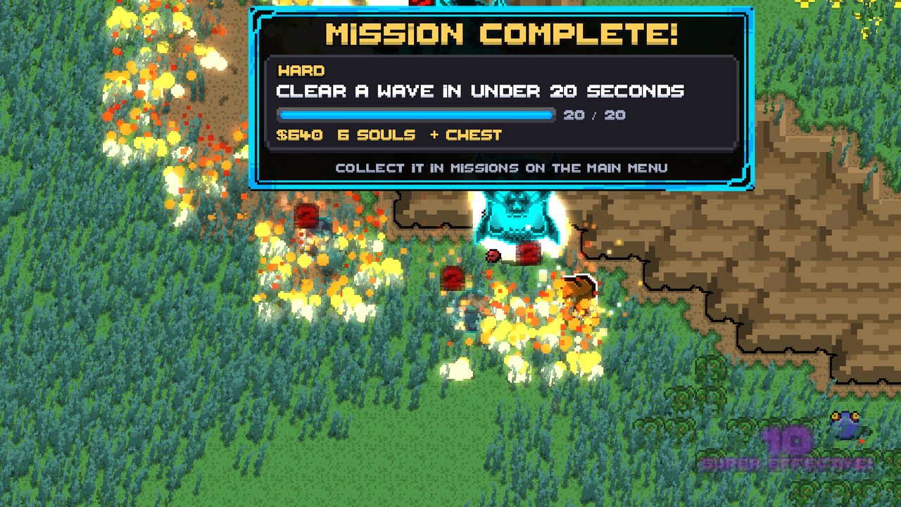 A Mission Complete card over a battle